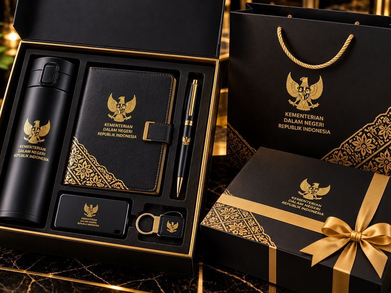 Gift set kotak hitam berisi tumbler, notebook, pulpen, power bank, dan gantungan kunci berlogo emas