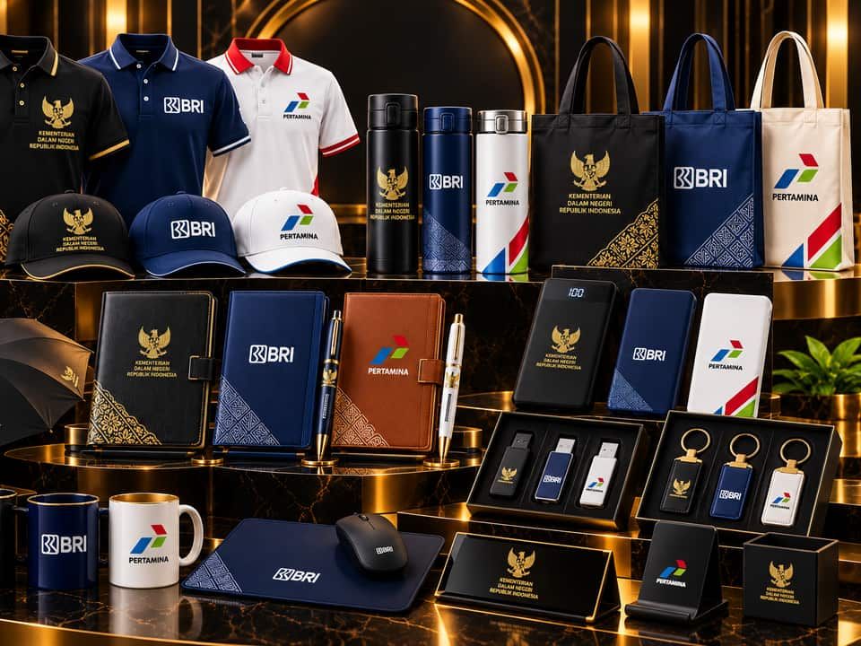 Rak merchandise berlogo instansi: polo, topi, tumbler, tas, notebook, payung, power bank, dan gantungan kunci