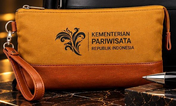 Pouch kanvas mustard berpadu kulit cokelat dengan logo instansi, isi Paket Eksklusif
