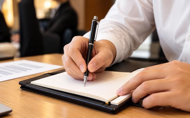 Peserta gathering menulis catatan di notebook dengan pulpen