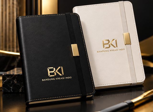 Notebook hitam dan putih bertali elastis dengan logo emas BKi, isi Gift Box