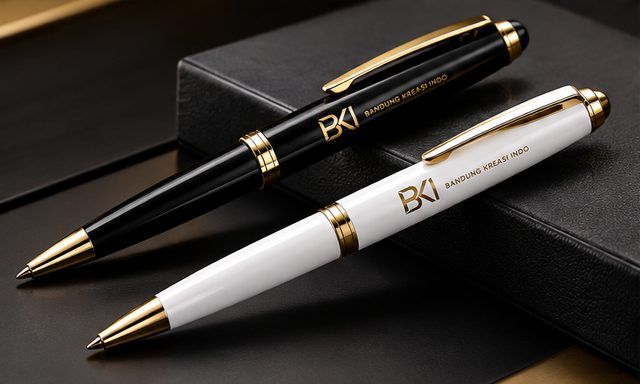 Pulpen hitam dan putih beraksen emas dengan logo BKi, isi Gift Box