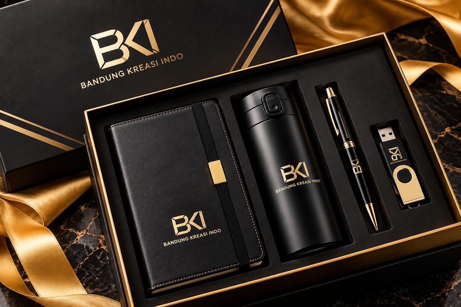 Gift Box: kotak hitam-emas berisi notebook, tumbler, pulpen, dan flashdisk berlogo BKi
