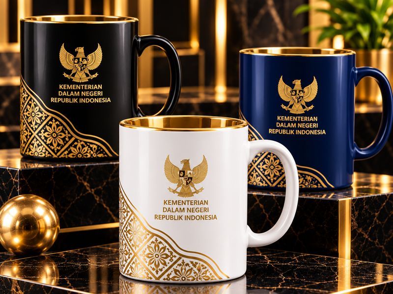 Mug keramik hitam, putih, dan biru beraksen emas dengan logo Kementerian Dalam Negeri
