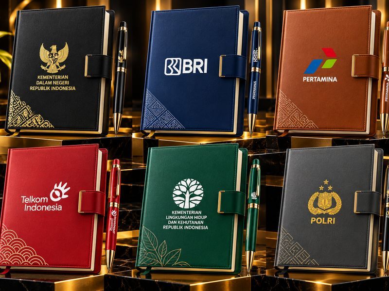 Enam notebook kulit berbagai warna dengan pulpen, berlogo instansi dan perusahaan