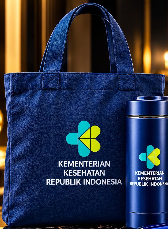 Tote bag kanvas biru dengan custom logo, isi Paket Standar