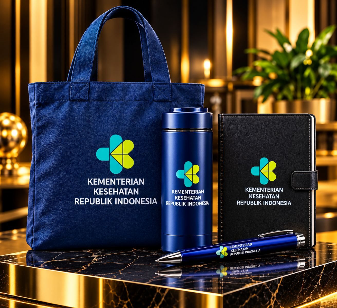 Paket Standar: tote bag biru, tumbler, notebook hitam, dan pulpen biru berlogo instansi