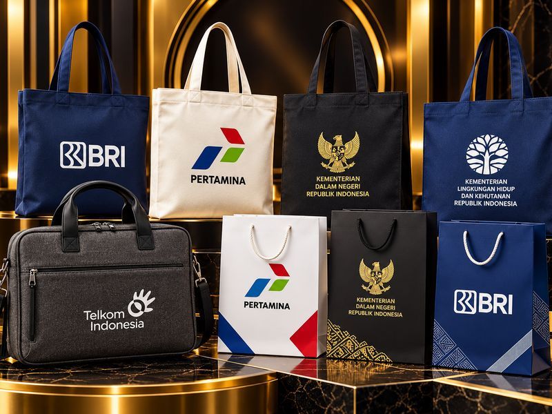 Tote bag kanvas, tas laptop, dan paper bag berlogo BRI, Pertamina, Telkom, dan Kemendagri